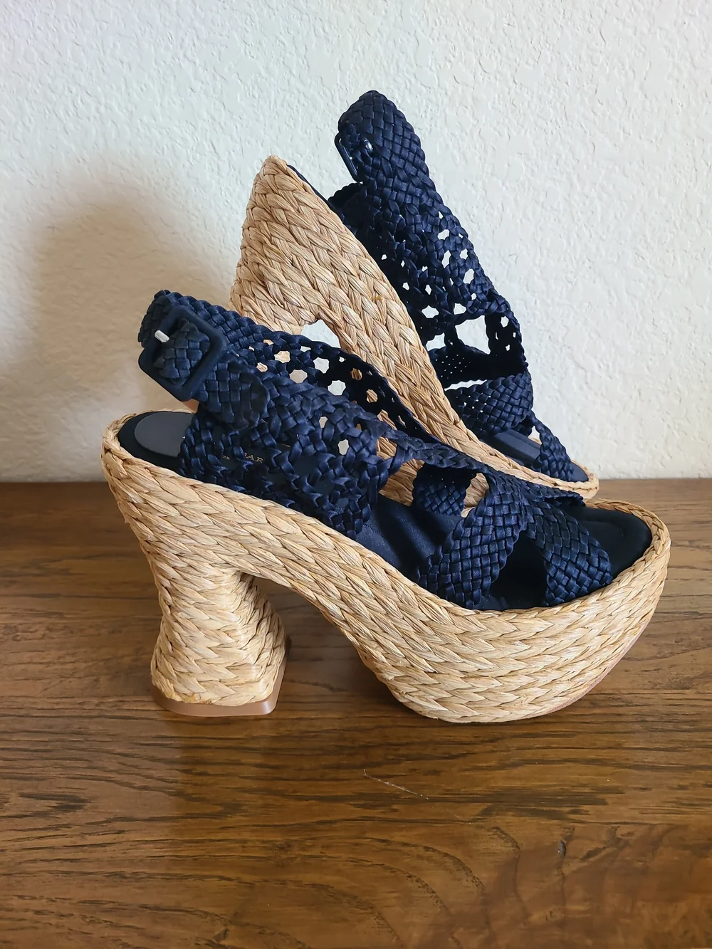 Paloma Barcelo Xia Ankle Strap, Navy Blue, Braide Wedge Sandals